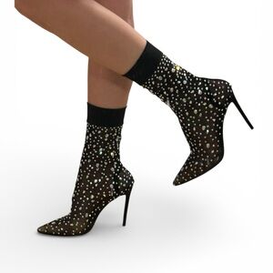 Azalea Wang Crystal Rhinestone Mesh Sock Boot Heels Black Stiletto New 10